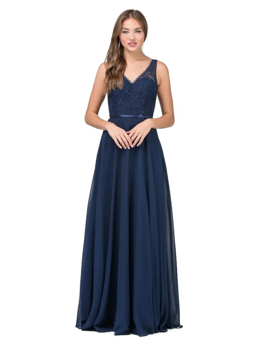 New Navy Sleeveless Elegant A-Line Long Formal Dress w/ Floral Lace DQ 2267